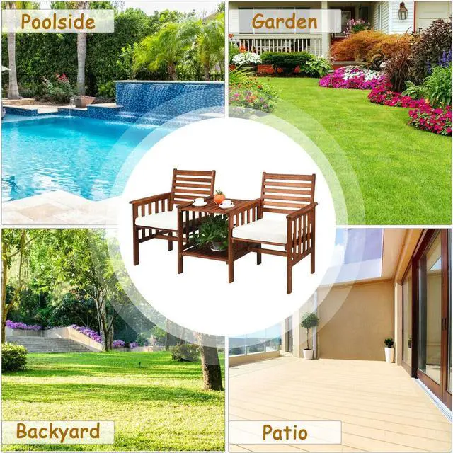 Alt view image 3 of 7 - SlickBlue 3 pcs Outdoor Patio Table Chairs Set Acacia Wood Loveseat