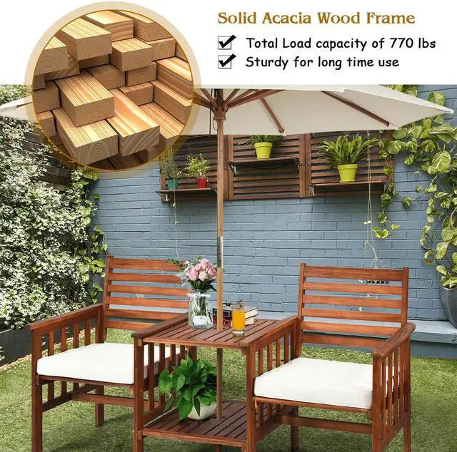 Alt view image 6 of 7 - SlickBlue 3 pcs Outdoor Patio Table Chairs Set Acacia Wood Loveseat
