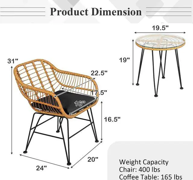 Alt view image 4 of 7 - SlickBlue 3 Pieces Rattan Furniture Set with Cushioned Chair Table