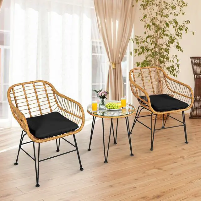 Alt view image 2 of 7 - SlickBlue 3 Pieces Rattan Furniture Set with Cushioned Chair Table