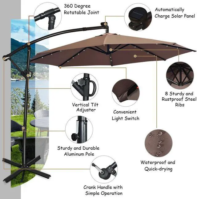 Alt view image 3 of 7 - SlickBlue 10 ft 360Â° Rotation Solar Powered LED Patio Offset Umbrella without Weight Base