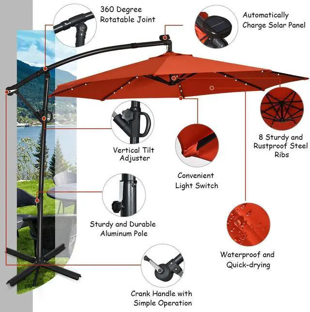 Alt view image 3 of 7 - SlickBlue 10 ft 360Â° Rotation Solar Powered LED Patio Offset Umbrella without Weight Base