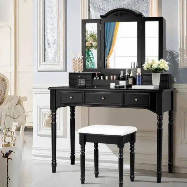 Alt view image 3 of 3 - SlickBlue Makeup Dressing Table with Tri-Folding Mirror and Cushioned Stool for Women