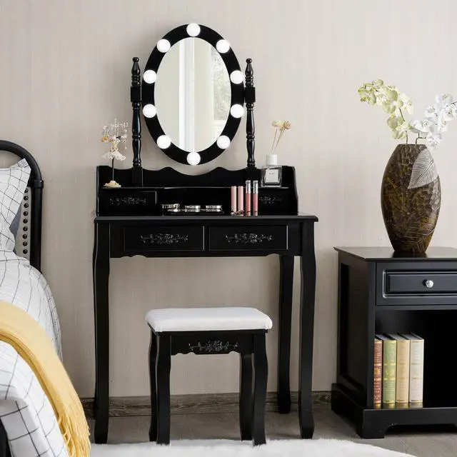 Alt view image 2 of 7 - SlickBlue Makeup Dressing Table with Touch Switch Lighted Mirror and Cushioned Stool