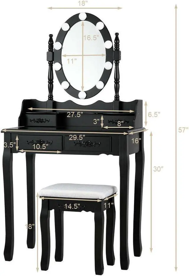 Alt view image 7 of 7 - SlickBlue Makeup Dressing Table with Touch Switch Lighted Mirror and Cushioned Stool