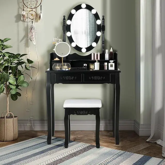 Alt view image 3 of 7 - SlickBlue Makeup Dressing Table with Touch Switch Lighted Mirror and Cushioned Stool
