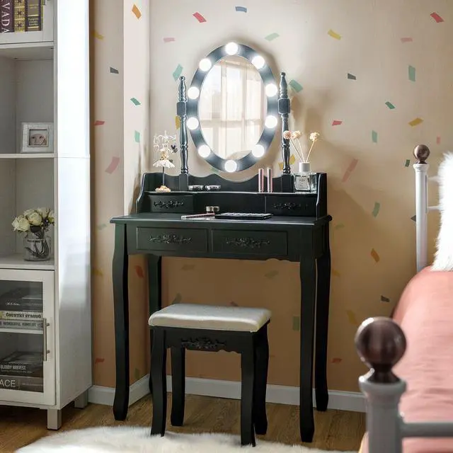 Alt view image 4 of 7 - SlickBlue Makeup Dressing Table with Touch Switch Lighted Mirror and Cushioned Stool