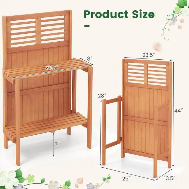 Alt view image 5 of 7 - SlickBlue Folding Garden Potting Bench with 2-tier Storage Shelves and Teak Oil Finish for Garden Yard Balcony