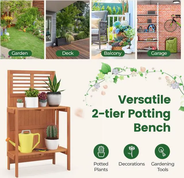 Alt view image 7 of 7 - SlickBlue Folding Garden Potting Bench with 2-tier Storage Shelves and Teak Oil Finish for Garden Yard Balcony