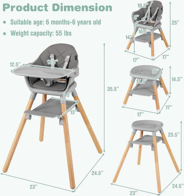 Alt view image 5 of 7 - SlickBlue 6-in-1 Baby High Chair with Removable Dishwasher and Safe Tray