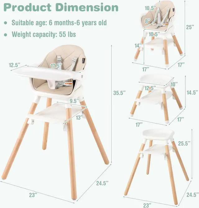 Alt view image 5 of 7 - SlickBlue 6-in-1 Baby High Chair with Removable Dishwasher and Safe Tray