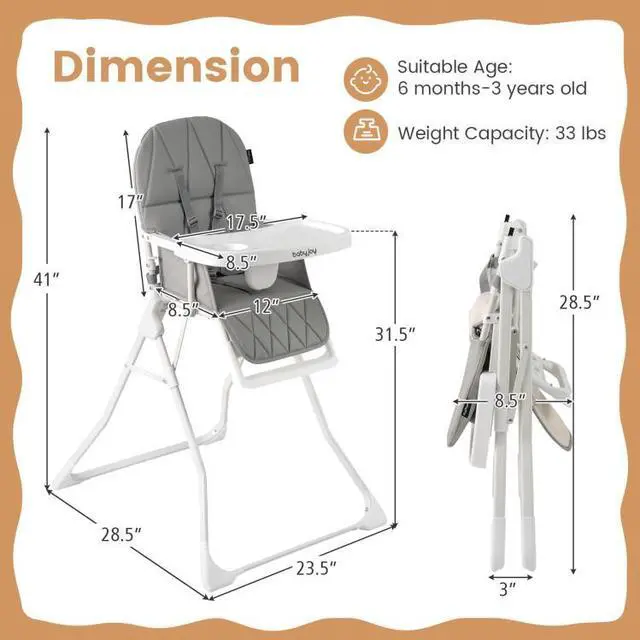 Alt view image 3 of 7 - SlickBlue Easy Clean Compact Highchair with Removable Adjustable Tray and PU Seat Cushion