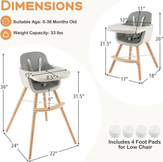 Alt view image 5 of 7 - SlickBlue 3-in-1 Convertible Wooden High Chair with Cushion