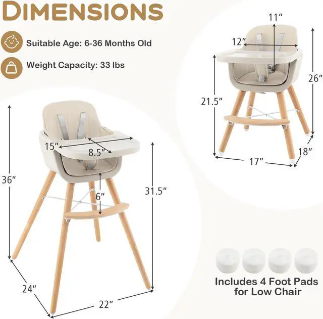 Alt view image 5 of 7 - SlickBlue 3-in-1 Convertible Wooden High Chair with Cushion