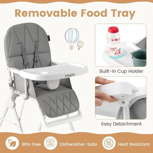 Alt view image 4 of 7 - SlickBlue Easy Clean Compact Highchair with Removable Adjustable Tray and PU Seat Cushion