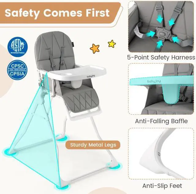 Alt view image 7 of 7 - SlickBlue Easy Clean Compact Highchair with Removable Adjustable Tray and PU Seat Cushion