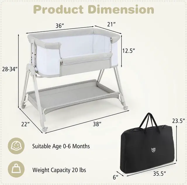 Alt view image 5 of 7 - SlickBlue Baby Portable Bedside Sleeper with 7 Adjustable Heights-Gray