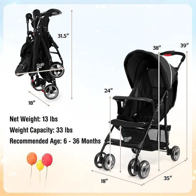 Alt view image 4 of 7 - SlickBlue Toddler Travel Stroller for Airplane with Canopy and Adjustable Backrest-Black