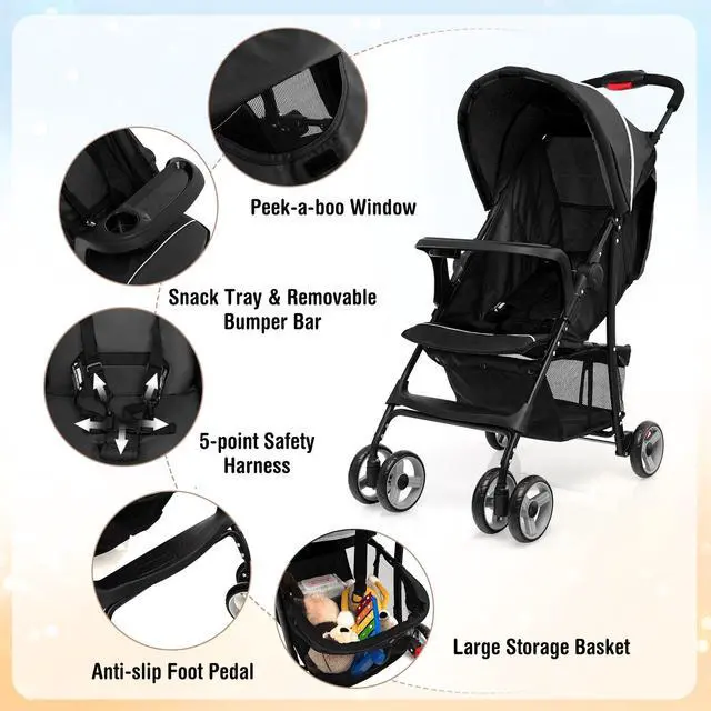 Alt view image 6 of 7 - SlickBlue Toddler Travel Stroller for Airplane with Canopy and Adjustable Backrest-Black