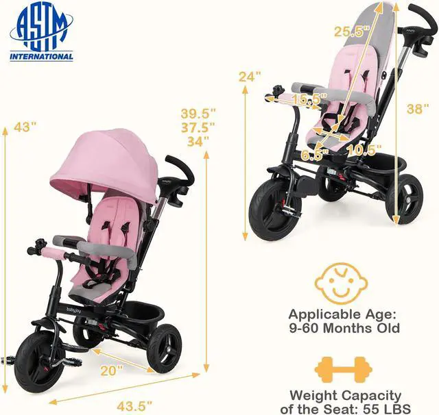 Alt view image 5 of 7 - SlickBlue 4-in-1 Baby Tricycle Toddler Trike with Reversible Seat and 5-Point Safety Harness-Pink