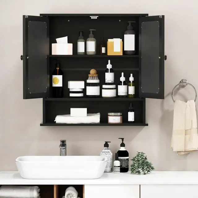 Alt view image 2 of 7 - SlickBlue Double Door Wall-Mounted Bathroom Mirror Cabinet with Storage Shelf-Black