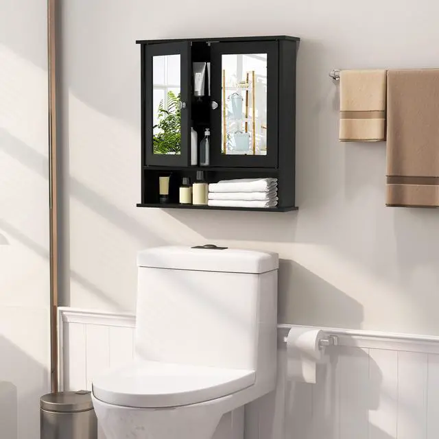 Alt view image 3 of 7 - SlickBlue Double Door Wall-Mounted Bathroom Mirror Cabinet with Storage Shelf-Black