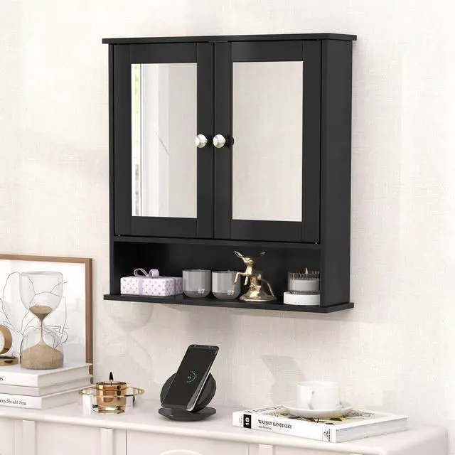 Alt view image 7 of 7 - SlickBlue Double Door Wall-Mounted Bathroom Mirror Cabinet with Storage Shelf-Black