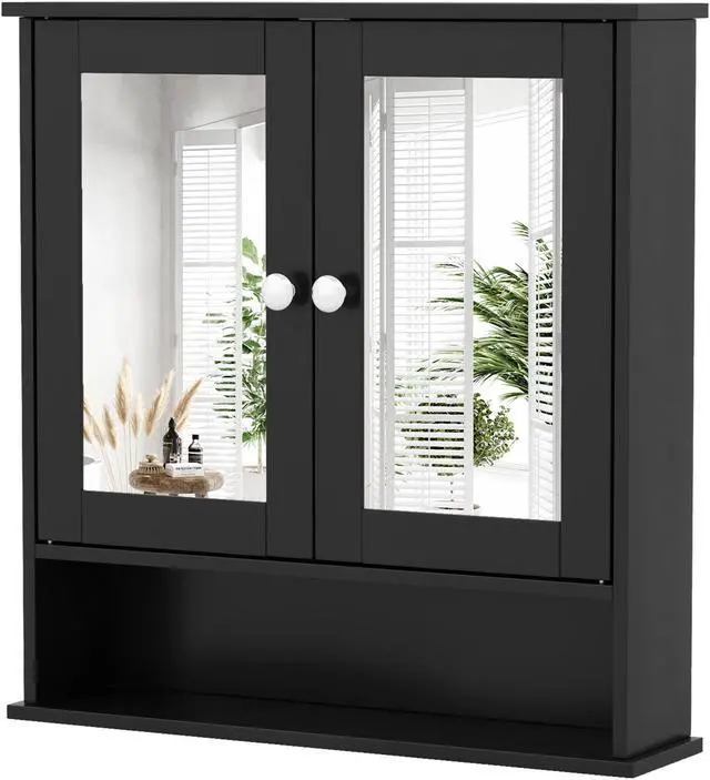 Alt view image 4 of 7 - SlickBlue Double Door Wall-Mounted Bathroom Mirror Cabinet with Storage Shelf-Black