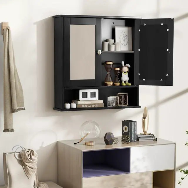 Alt view image 6 of 7 - SlickBlue Double Door Wall-Mounted Bathroom Mirror Cabinet with Storage Shelf-Black