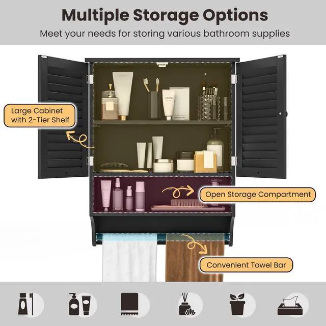 Alt view image 3 of 7 - SlickBlue 2-Doors Bathroom Wall-Mounted Medicine Cabinet with Towel Bar-Black