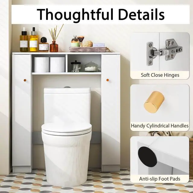 Alt view image 7 of 7 - SlickBlue Over The Toilet Storage Cabinet with 2 Open Compartments and 4 Adjustable Shelves-White
