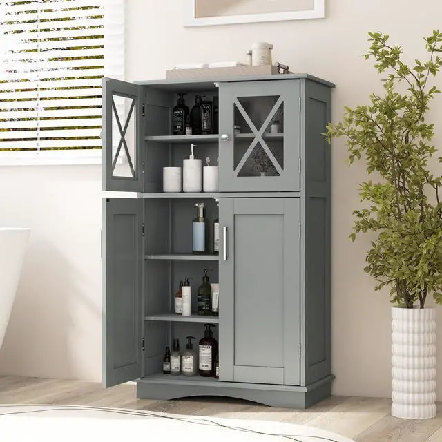 Alt view image 2 of 7 - SlickBlue 4 Doors Freeestanding Bathroom Floor Cabinet with Adjustable Shelves