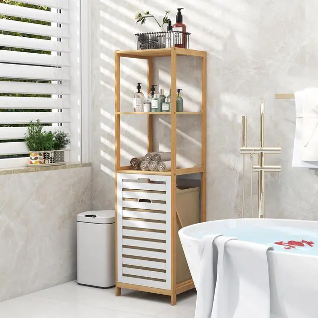 Alt view image 3 of 7 - SlickBlue 4-Tier Tilt-Out Laundry Hamper with Storage Shelves for Laundry Room-Natural and White