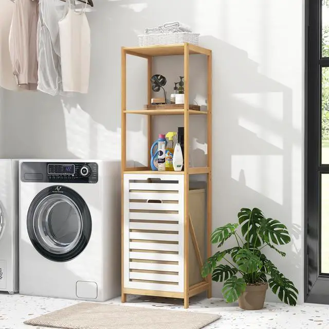 Alt view image 2 of 7 - SlickBlue 4-Tier Tilt-Out Laundry Hamper with Storage Shelves for Laundry Room-Natural and White