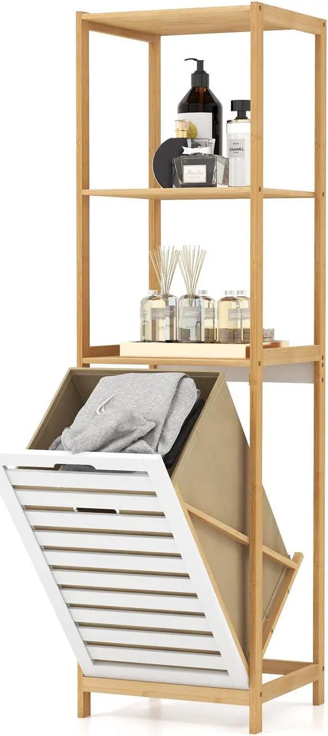 Main image of SlickBlue 4-Tier Tilt-Out Laundry Hamper with Storage Shelves for Laundry Room-Natural and White