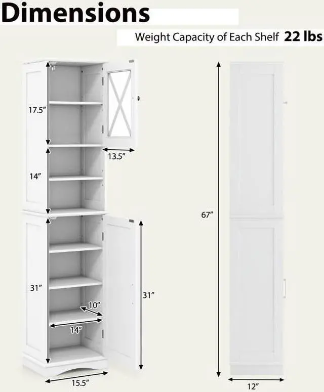 Alt view image 5 of 7 - SlickBlue 67 Inch Tall Bathroom Cabinet Freestanding Storage Cabinet with 5 Adjustable Shelves-White