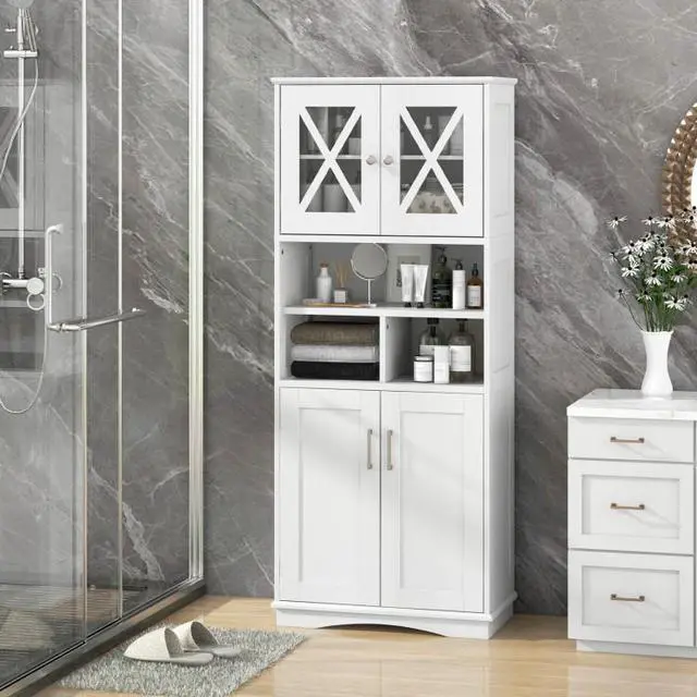 Alt view image 2 of 7 - SlickBlue Tall Bathroom Cabinet Large Floor Storage Cabinet with Acrylic Doors and 3 Cubes-White