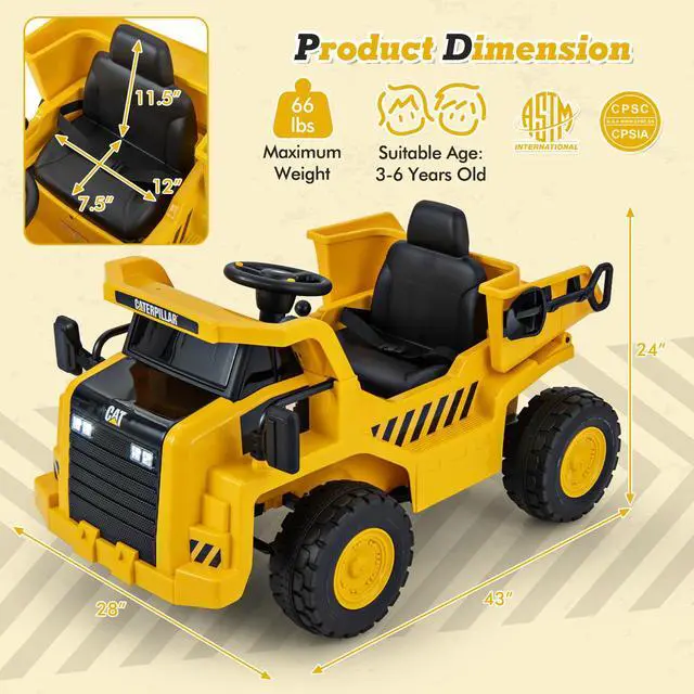 Alt view image 5 of 7 - SlickBlue 12V Caterpillar Licensed Kids Ride on Dump Truck with Tiltable Bump Bed-Yellow