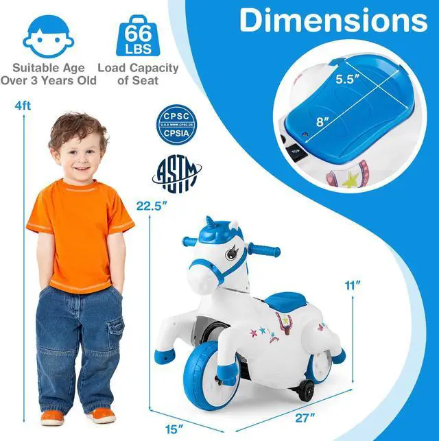 Alt view image 5 of 7 - SlickBlue 12V Unicorn Ride on Toy with Training Wheels and Horse Riding Mode