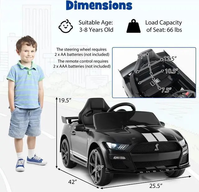 Alt view image 5 of 7 - SlickBlue 12V Licensed Ford Mustang Shelby GT500 Kids Ride on Car with Remote Control for Kids Aged 3-8