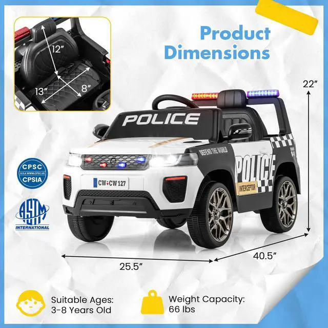 Alt view image 2 of 7 - SlickBlue 12V Kids Ride on Police Car with Remote and Siren Flashing Lights