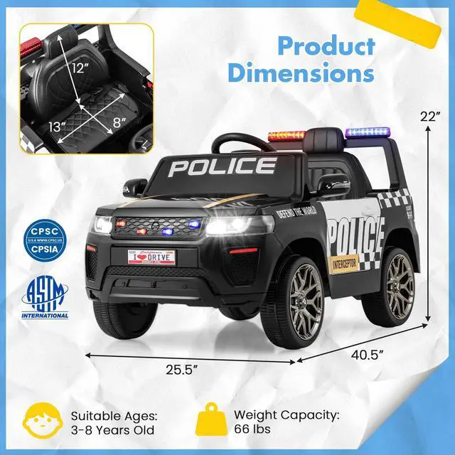 Alt view image 2 of 7 - SlickBlue 12V Kids Ride on Police Car with Remote and Siren Flashing Lights
