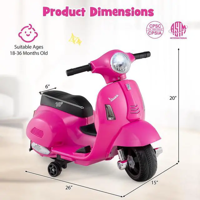 Alt view image 5 of 7 - SlickBlue Kids Ride on Motorcycle Licensed Vespa with LED Headlight and Horn Sound