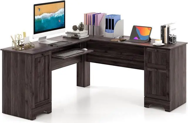 Main image of SlickBlue L-Shaped Office Desk with Storage Drawers and Keyboard Tray