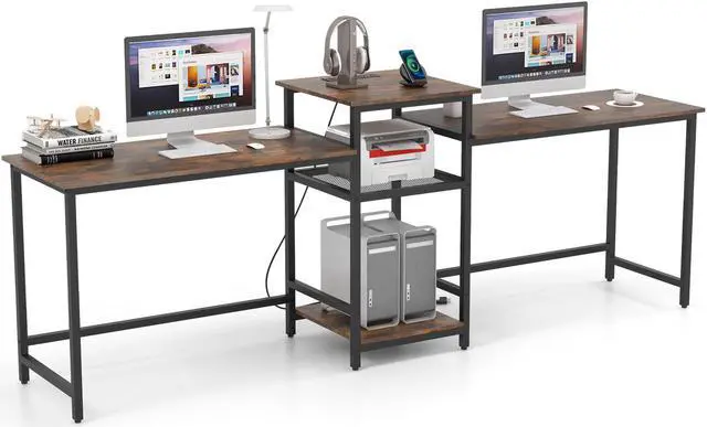 Main image of SlickBlue 2-Person Computer Desk with Power Outlet and Printer Stand