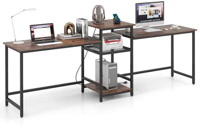 Alt view image 4 of 7 - SlickBlue 2-Person Computer Desk with Power Outlet and Printer Stand