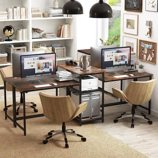 Alt view image 2 of 7 - SlickBlue 2-Person Computer Desk with Power Outlet and Printer Stand