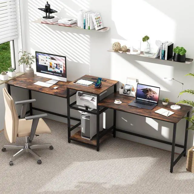 Alt view image 6 of 7 - SlickBlue 2-Person Computer Desk with Power Outlet and Printer Stand