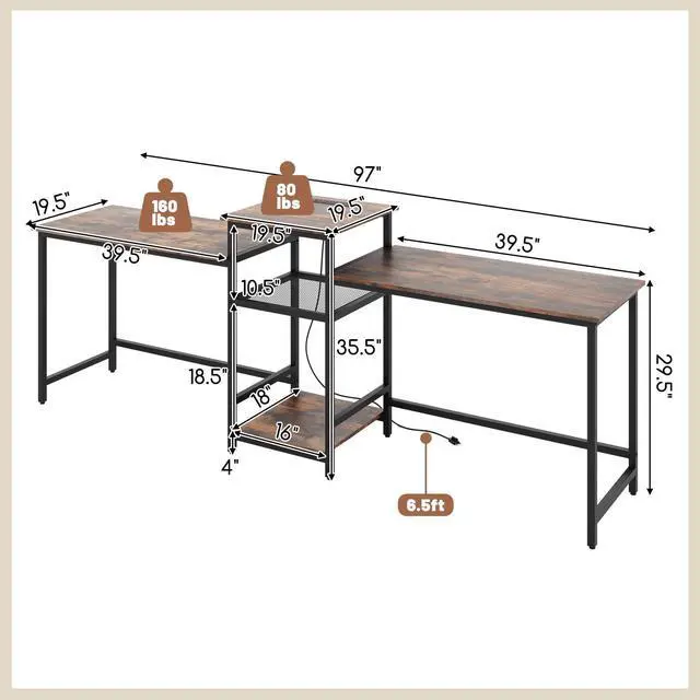 Alt view image 5 of 7 - SlickBlue 2-Person Computer Desk with Power Outlet and Printer Stand