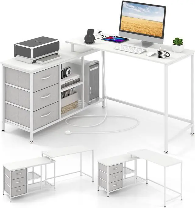 Main image of SlickBlue L-shaped Computer Desk with Power Outlet for Working Studying Gaming